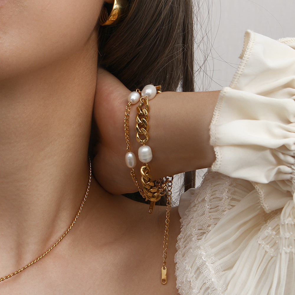 18K Gold Inlaid Three Pearls Fashion Simple Bracelet Artshiney
