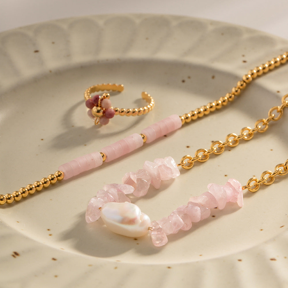 Vanora Rose Quartz Necklace and Bracelet Set Artshiney