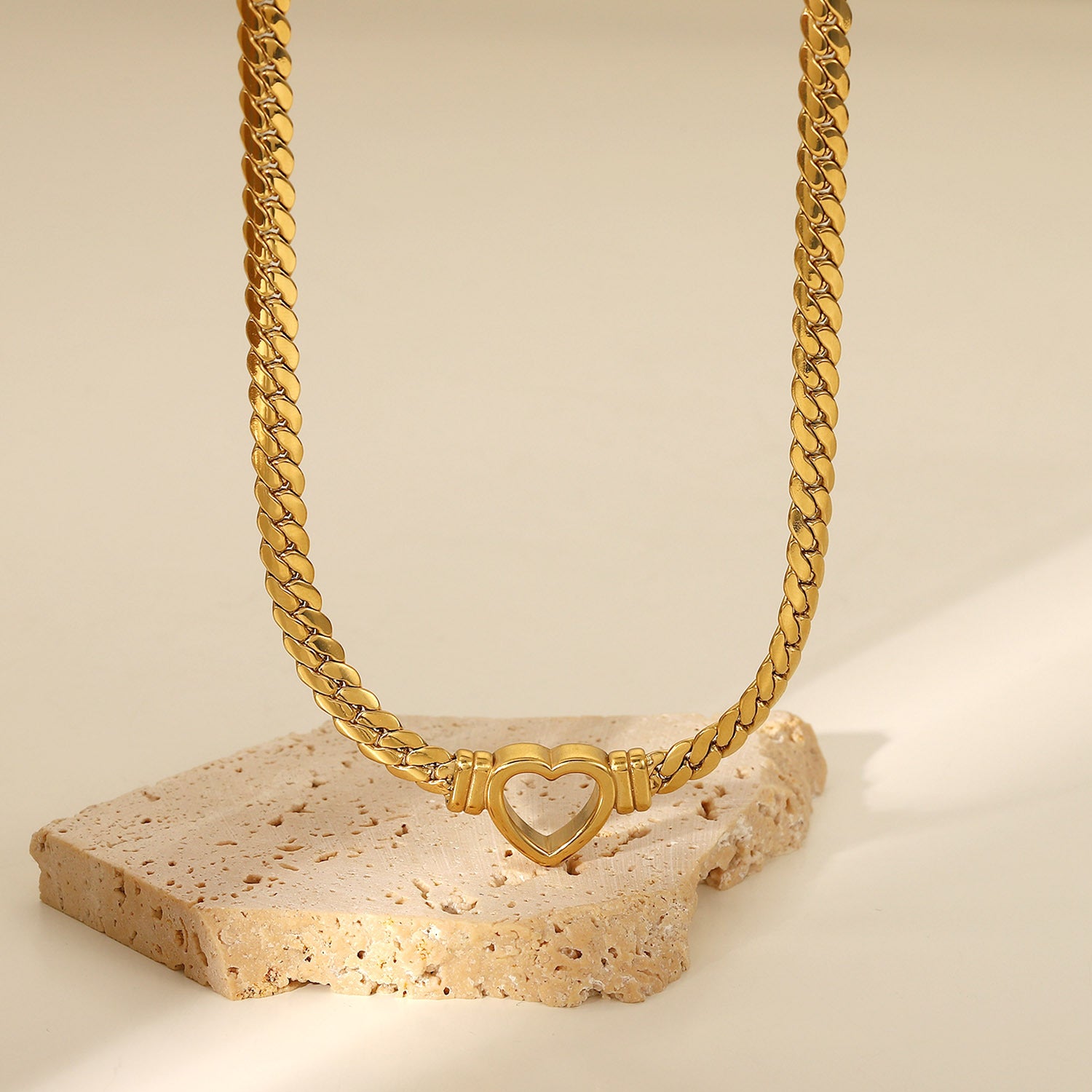 18K Gold Trendy Fashion Flat Snake Chain Hollow Heart Design Pendant Necklace Artshiney