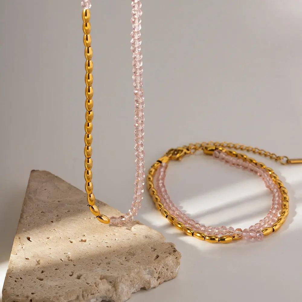 The Pink Sea Set: Gold Beaded Necklace and Bracelet